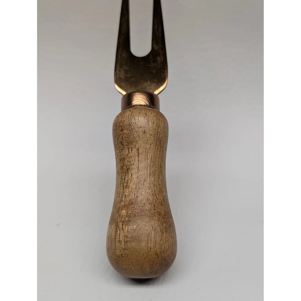 Charcuterie 2-Prong Pickle Olive Cocktail Fork Wood Handle Rose Gold Tone Prongs